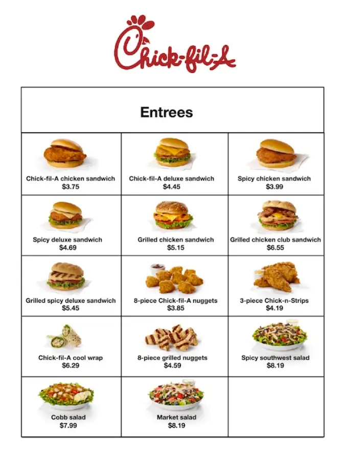 Chick fil A Entrées Menu