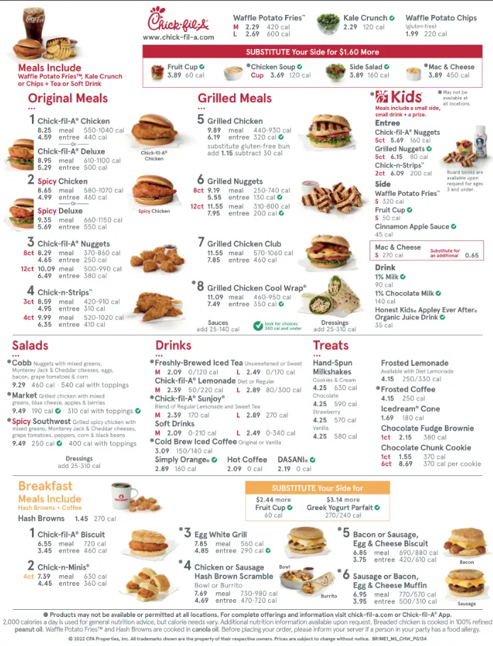 Chick fil A Menu United States