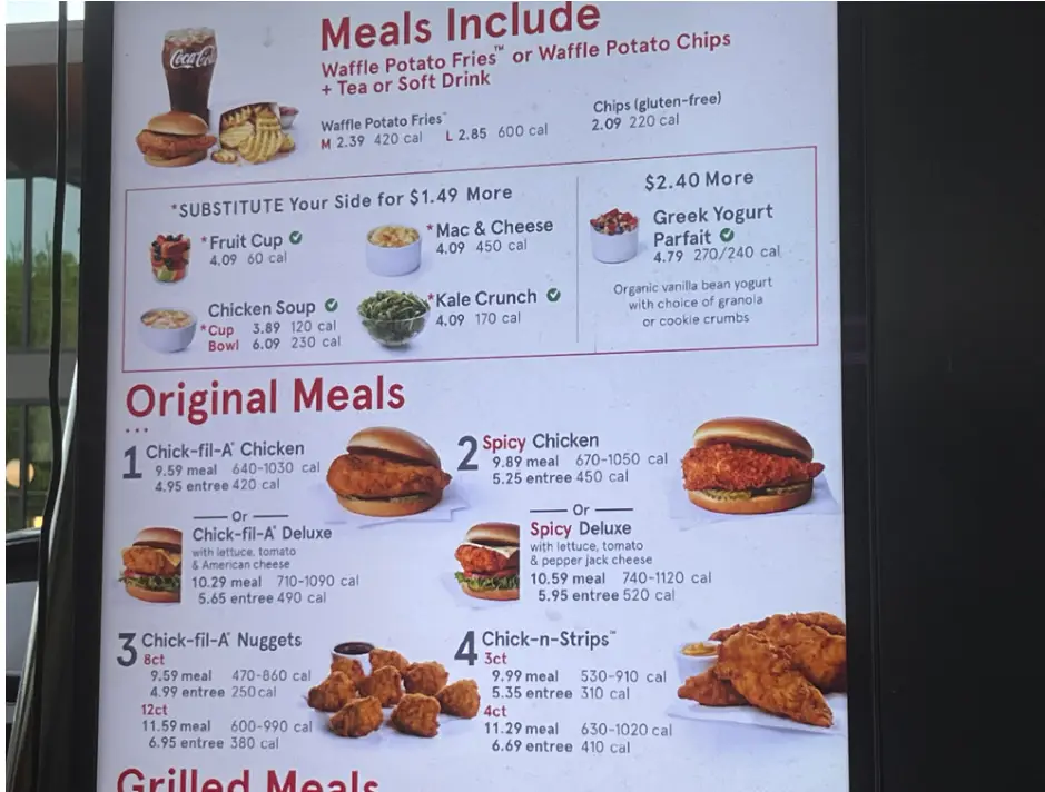 Chick fil A Sandwich Meals Menu